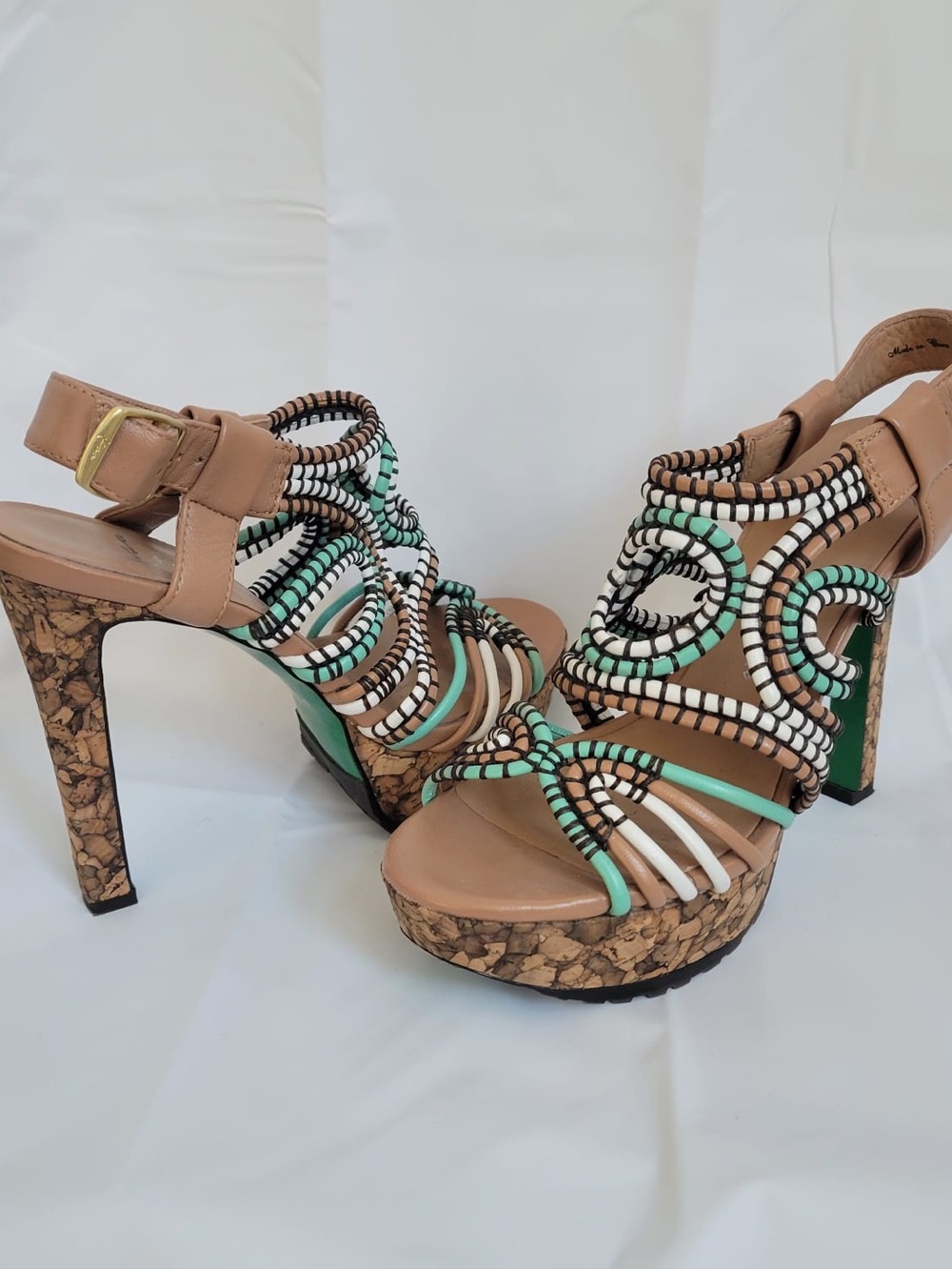 Woven Cork Platform Sandals in Tan, Mint & White